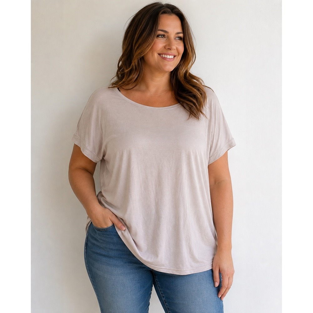 PIKO Womens L Beige Bamboo Spandex Relaxed Fit Dolman Short Sleeve T-Shirt